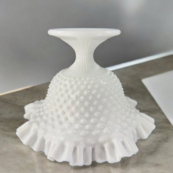 Fenton White Hobnail Footed Compote Ruffled Rim Edges Pedestal Bowl Dish Vintage - Picture 2 of 16